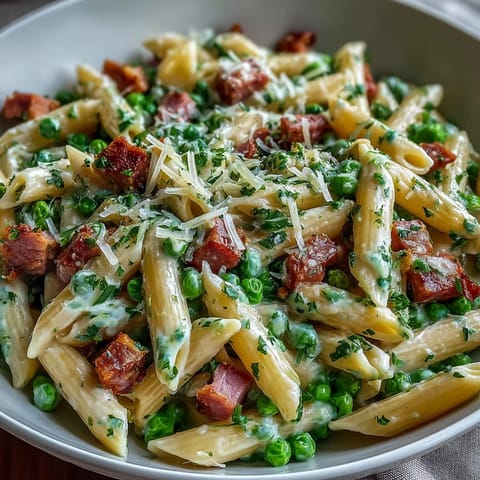 Creamy Leek, Pea, and Ham Pasta in a skillet with tender pasta, sweet leeks, and savory ham in a rich sauce.