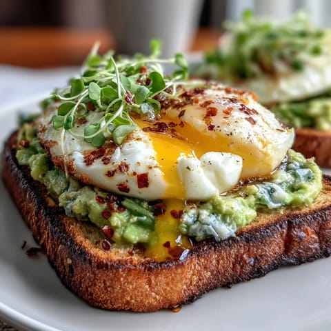 Light avocado egg toast with microgreens and chili flakes on golden sourdough bread, garnished with fresh greens and a sprinkle of red chili flakes for a vibrant breakfast.