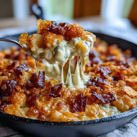 Funeral potatoes and ham breakfast skillet with crispy hash browns, creamy cheese sauce, and crunchy cornflake topping.  