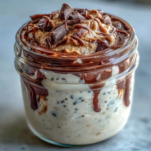 Creamy overnight oats jar layered with rich peanut butter and chocolate, topped with mini chocolate chips and crushed peanuts for a dessert-inspired breakfast.