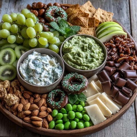 Colorful array of green-themed snacks including grapes, kiwi, cucumber, and mint chocolate candies on a party platter.  