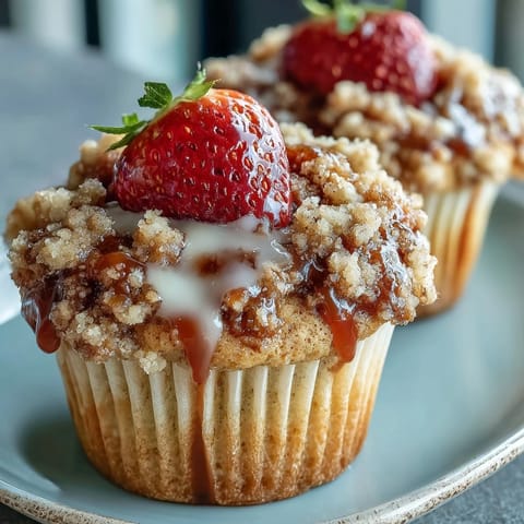 Fluffy strawberry muffins with a golden crumble topping, perfect for a sweet breakfast or afternoon snack.  