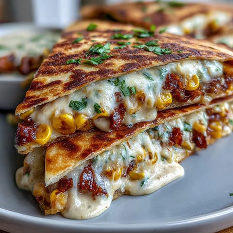 Cinco de Mayo Street Corn Quesadillas with Chipotle Crema served on a wooden board, golden tortillas stuffed with charred corn, melted cheese, and a drizzle of smoky chipotle sauce.