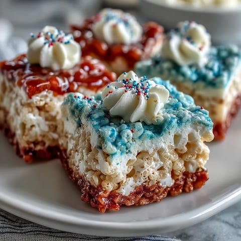 Festive red, white, and blue Rice Krispies treats stacked in patriotic layers for a chewy Fourth of July dessert.