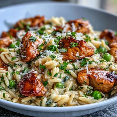 Bright, zesty lemon orzo skillet dinner with juicy chicken, vibrant peas, and a sprinkle of Parmesan for extra richness.  