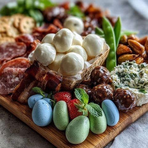 Festive Easter charcuterie board with mini cheese and meat baskets, fresh fruits, and pastel candies for spring celebrations.
