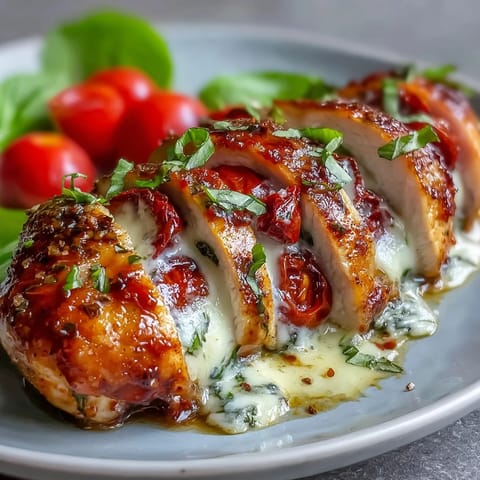 Caprese Stuffed Chicken Breast with melted mozzarella, juicy tomatoes, and fresh basil, baked golden and drizzled with balsamic glaze.  