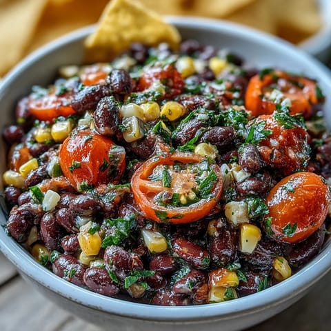 Vibrant 3-ingredient cowboy caviar dip with black beans, corn, and pico de gallo, perfect for scooping with crispy tortilla chips.