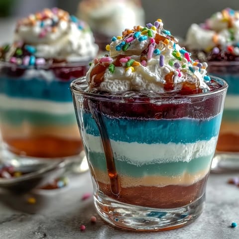 Rainbow Jello Cups for Kids: Vibrant, layered gelatin cups with rainbow colors and whipped cream topping, perfect for parties and kids' celebrations.
