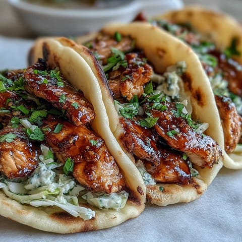 Two warm, buttered garlic naan tacos filled with glazed honey garlic chicken and crunchy purple cabbage slaw. 