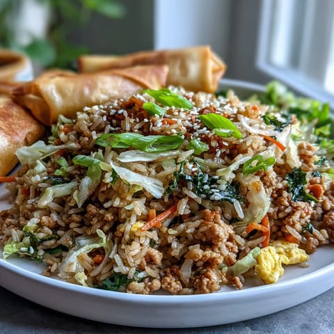 Golden-brown Crispy Chicken Fried Rice with Egg Roll Flavors is served hot, garnished with fresh green onions and sesame seeds.