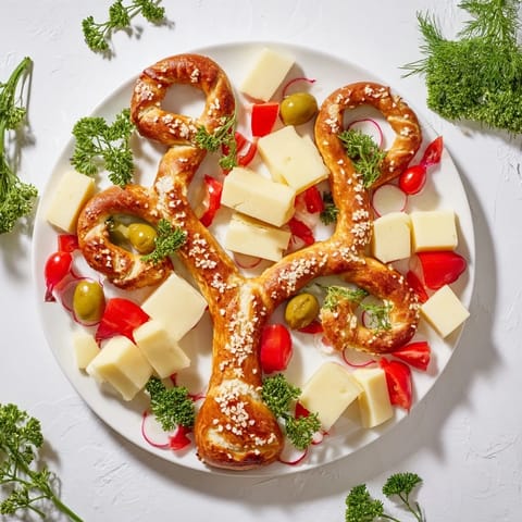 Warm, golden-brown Bretzels Arbre de Vie savory platter, overflowing with fresh cheeses and vegetables.