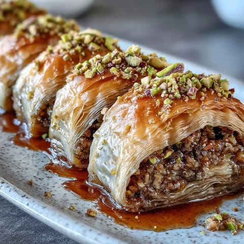 Crispy phyllo rolls stuffed with crushed pistachios and sweetened with fragrant orange blossom syrup.