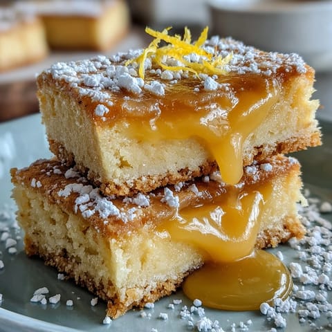 A tray of Lemon Bar Cookies, soft sugar cookies filled with tangy lemon curd and dusted with powdered sugar, perfect for dessert.