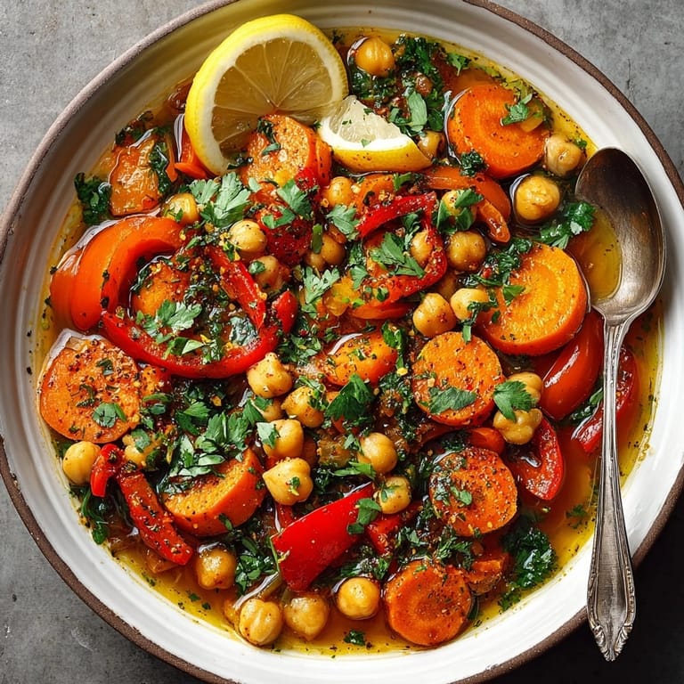 Close-up of the hearty Moroccan-Spiced Chickpea and Sweet Potato Stew, with tender sweet potatoes and chickpeas; a comforting meal.