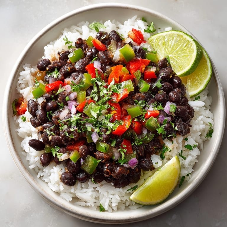 Colorful, slow-cooked Cuban Black Beans and Rice, served over fluffy white rice, ready to enjoy.