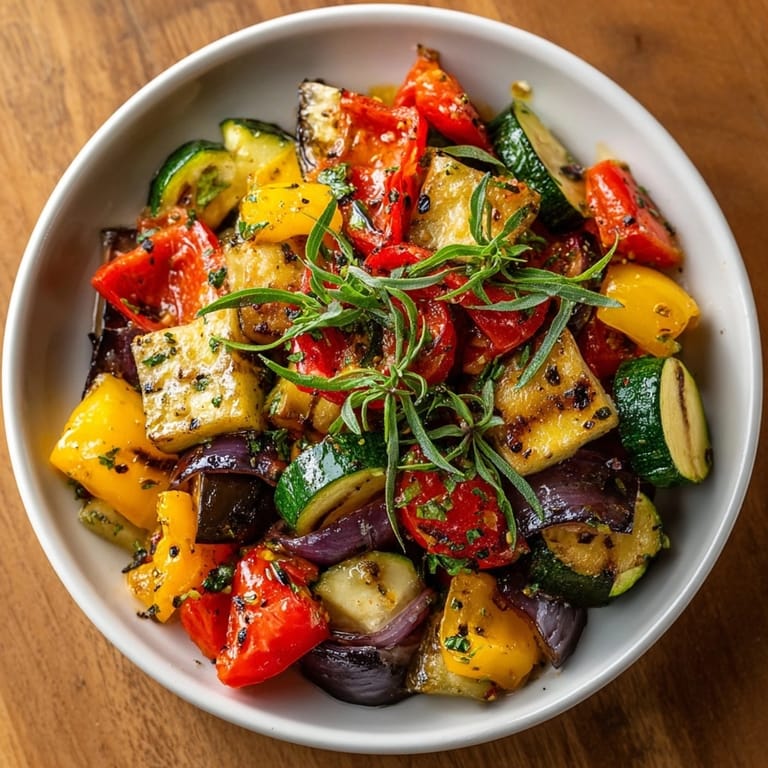 This close-up shows a hearty bowl of Rustic Ratatouille, garnished with fresh basil for serving.
