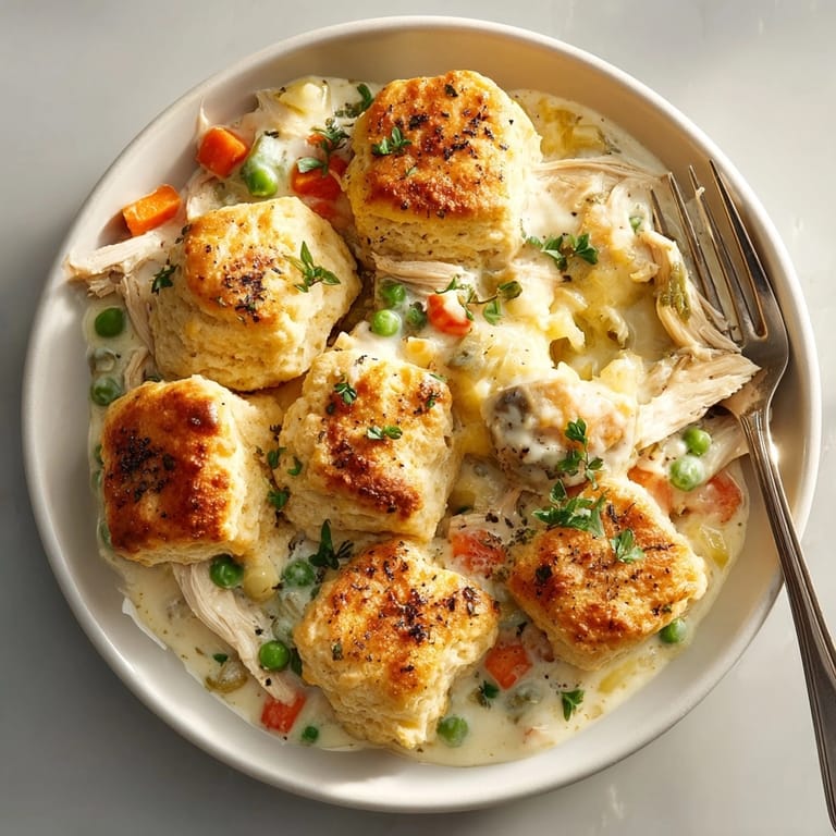 Flaky, golden biscuits top a hearty Chicken Pot Pie Casserole, perfect for a comforting family dinner.