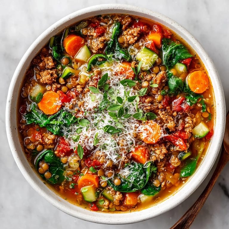 This photo shows a delicious, rich One-Pot Italian Sausage and Lentil Stew, perfect for a cozy dinner.