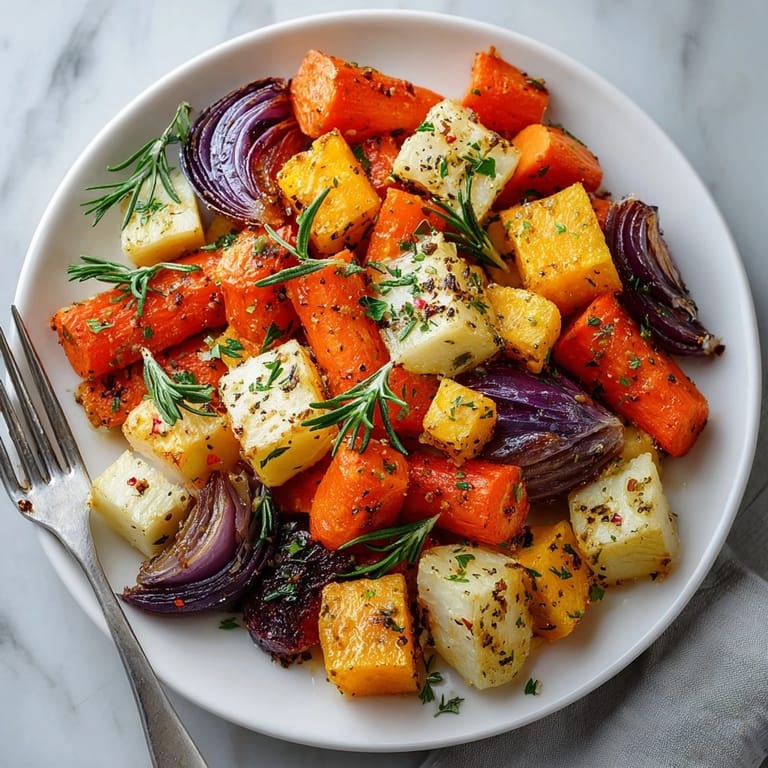 Aromatic, herb-infused dish: Close-up on roasted Seasonal Roasted Root Vegetables with Rosemary, ready to serve.