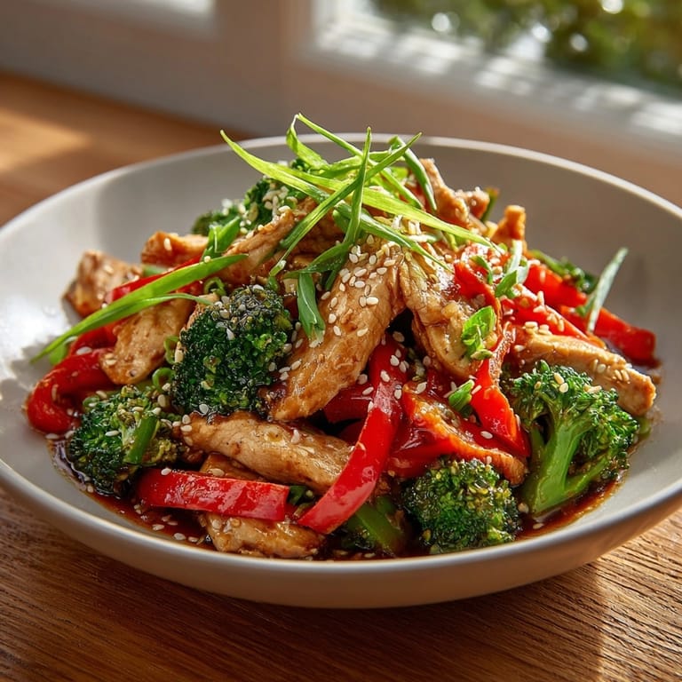 Quick teriyaki chicken stir fry with a sheen of sauce, served with fluffy rice and sesame seeds.