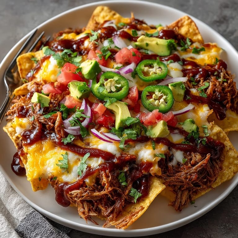 A close-up of sizzling BBQ pulled pork nachos, loaded with cheese and ready to serve immediately.