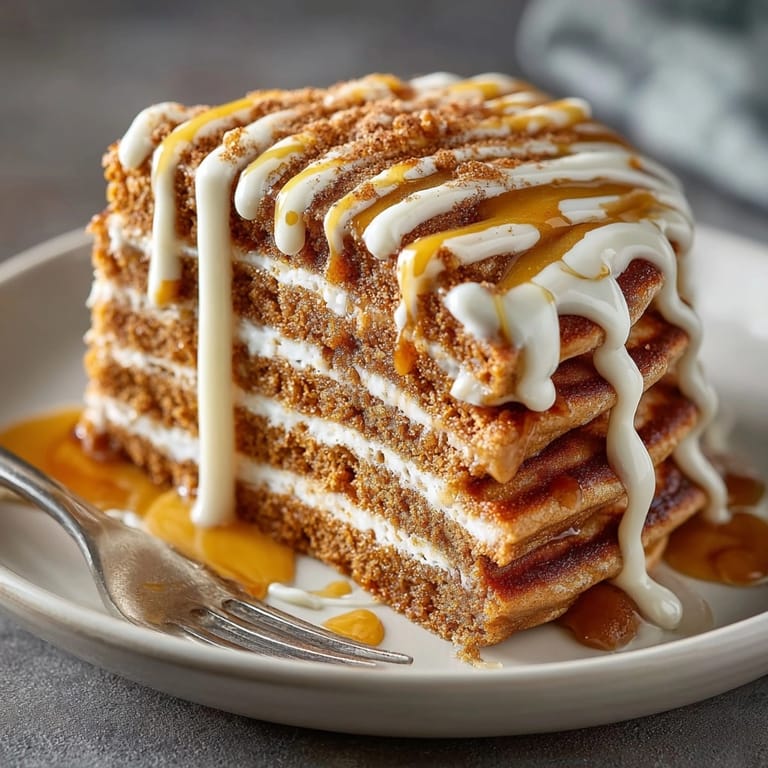 Golden-brown Gingerbread Pancakes: a delightful stack, generously drizzled with sweet cream cheese.