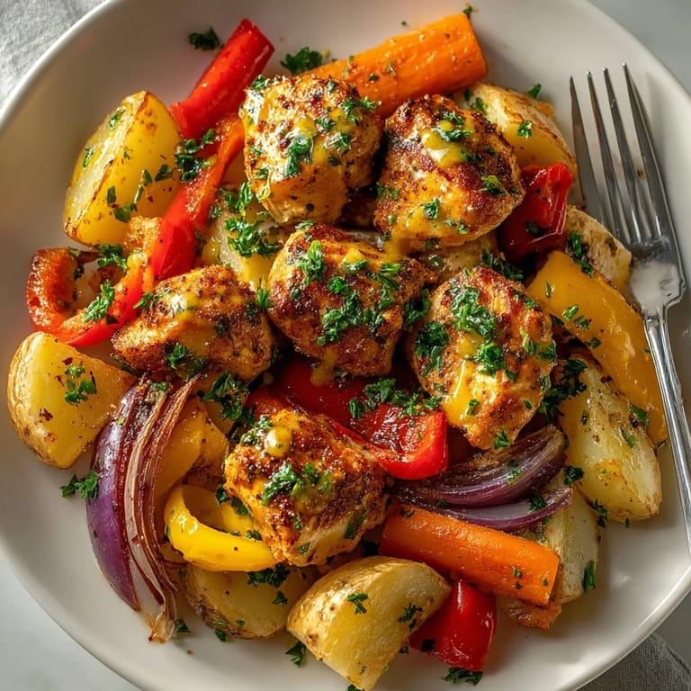 Close-up of glazed honey mustard chicken and vegetables, showing juicy chicken and tender carrots.