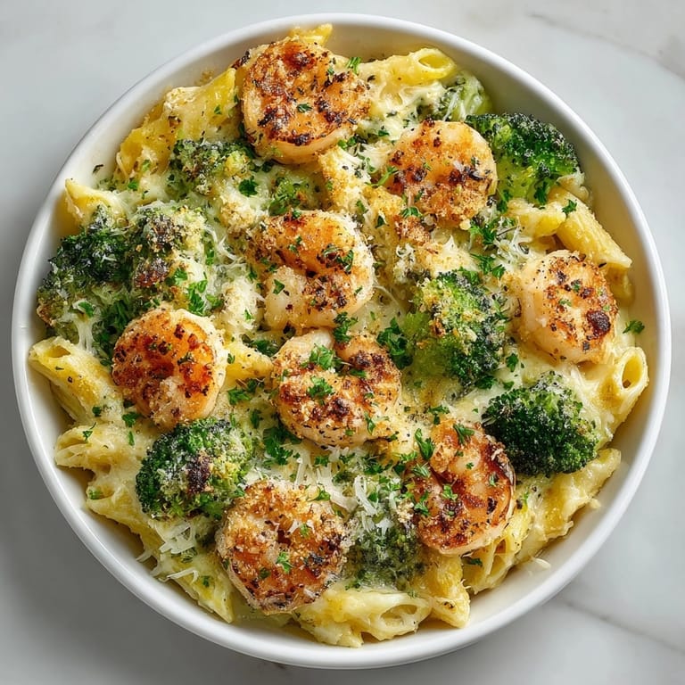 Cheesy Shrimp and Broccoli Alfredo Bake served hot from the oven for a comforting family meal.