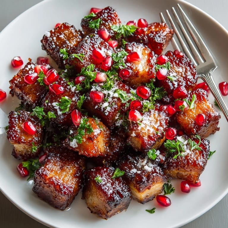 Juicy, tender Pomegranate-Glazed Pork Belly Bites showcased as crispy, sweet-savory finger food for holiday gatherings.