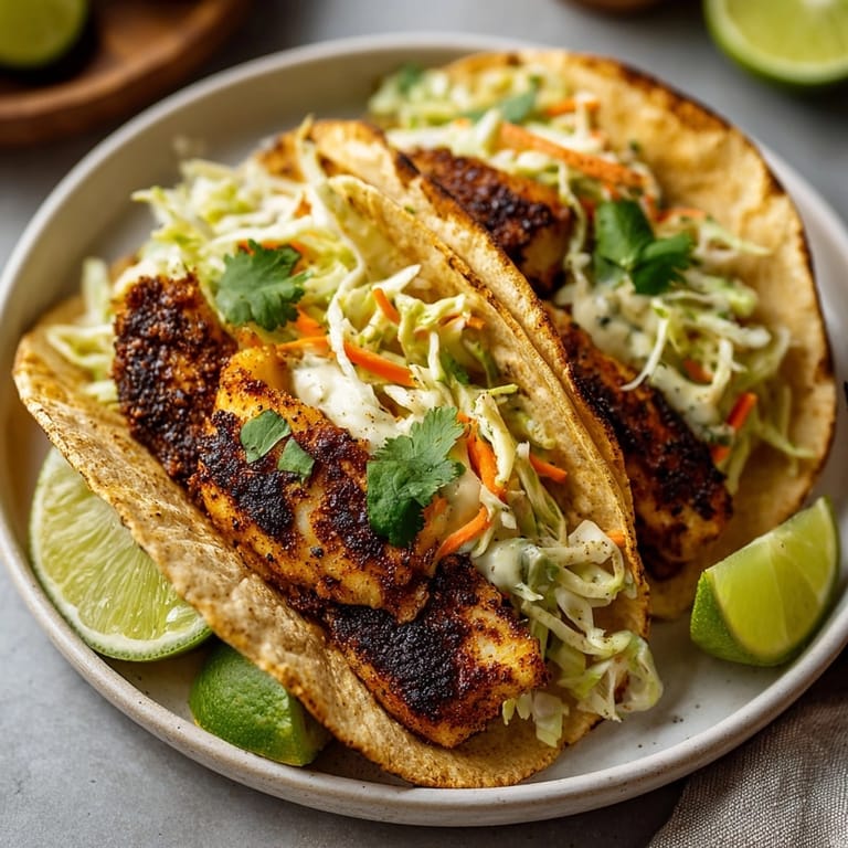 Spicy Cajun blackened fish tacos topped with creamy avocado slaw and lime wedges.