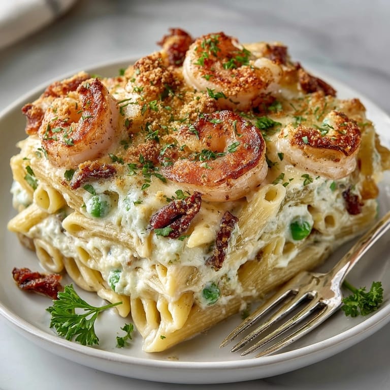 Closeup of Shrimp Alfredo Casserole served in a white dish, showcasing tender shrimp and rich sauce.