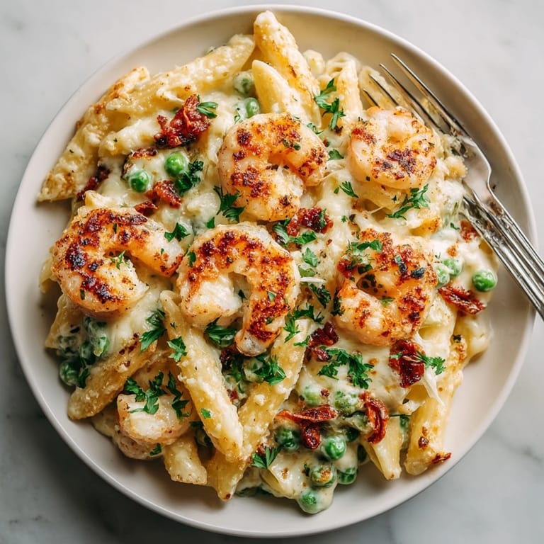 A hearty portion of Shrimp Alfredo Casserole garnished with fresh parsley, ready to enjoy.