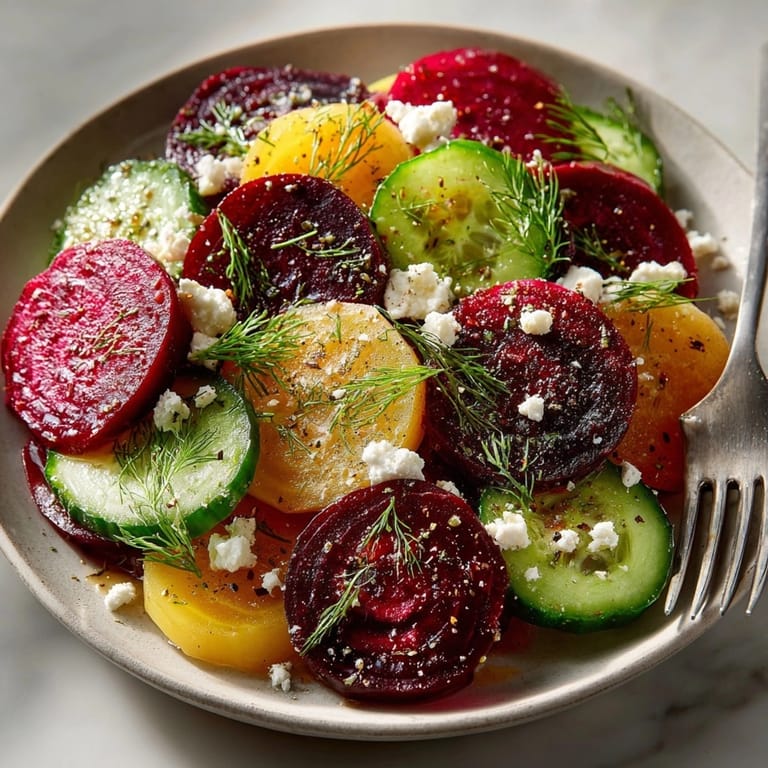 Close-up of colorful Beet Salad with Feta, Cucumbers, and Dill garnished with fresh herbs.