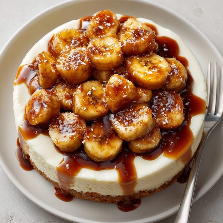 Rich caramelized banana cheesecake with rum glaze served fresh, layers shining in warm, inviting light