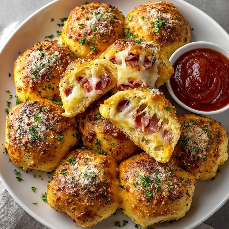 Hot, homemade Cheesy Pepperoni Pizza Bombs bursting with savory pepperoni and melty cheese.
