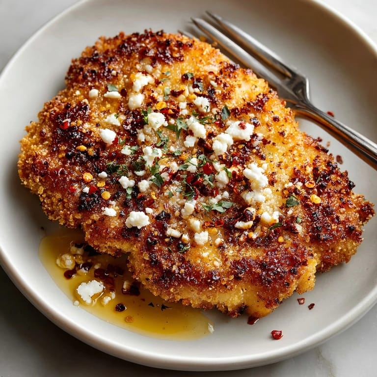 Crispy Hot Honey Feta Chicken drizzled with spicy-sweet honey, perfect for a flavorful dinner.