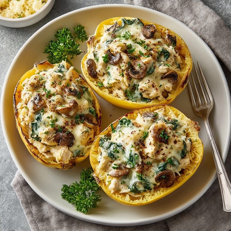 Rich Alfredo Stuffed Spaghetti Squash: a cozy and filling healthy dinner, ready to serve.