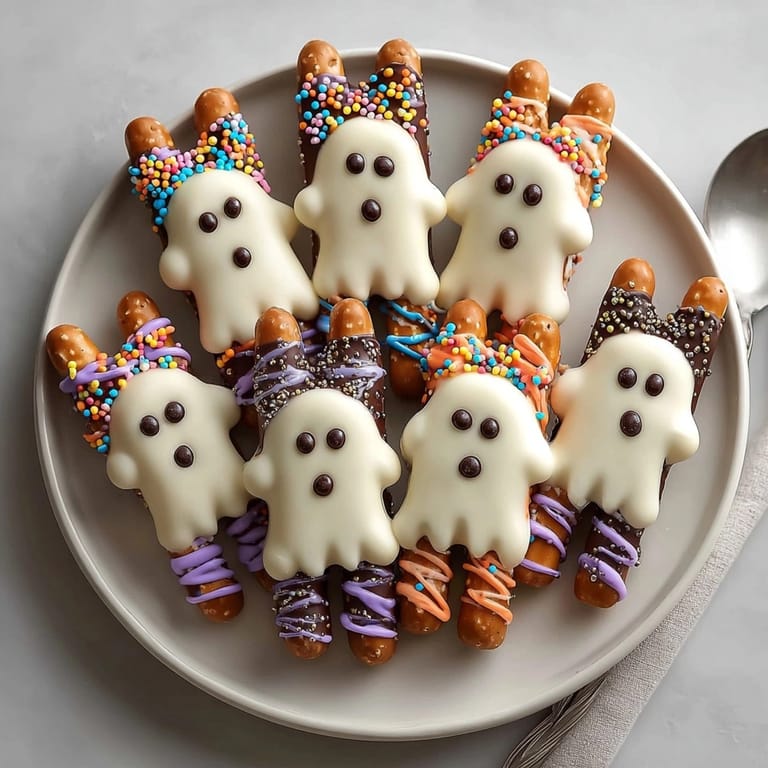 Creamy White Chocolate Ghost Pretzels, decorated with chocolate chips, are kid-friendly Halloween treats.