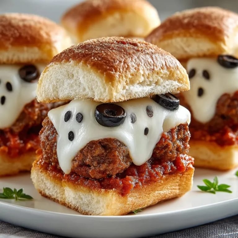 Golden-brown Haunted Meatball Sliders on a baking sheet, mozzarella cheese melted and bubbling.