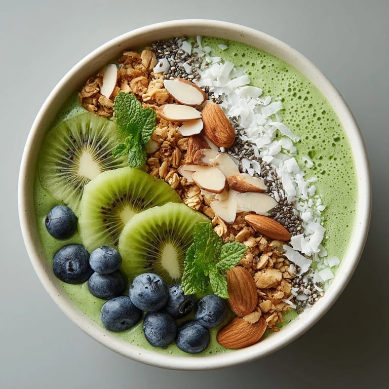 Creamy Green Monster Smoothie Bowl swirling with ripe banana, avocado, and tropical fruits.