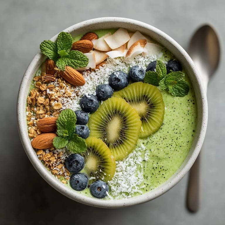 Delicious and healthy Green Monster Smoothie Bowl—taste the cool, refreshing blend of fruits.
