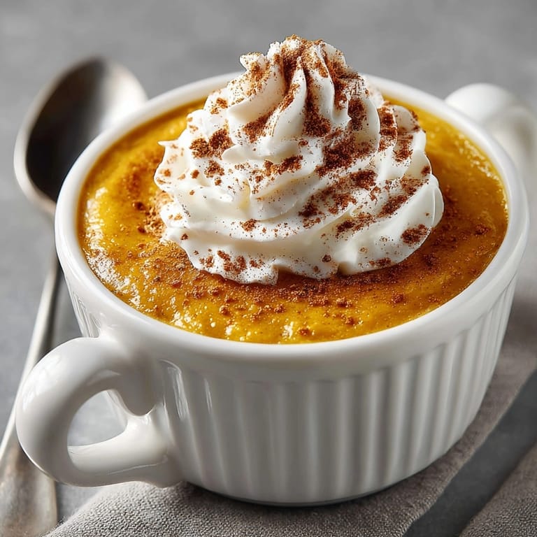 Autumnal Maple Pumpkin Custard, ready to eat, topped with whipped cream and cinnamon.