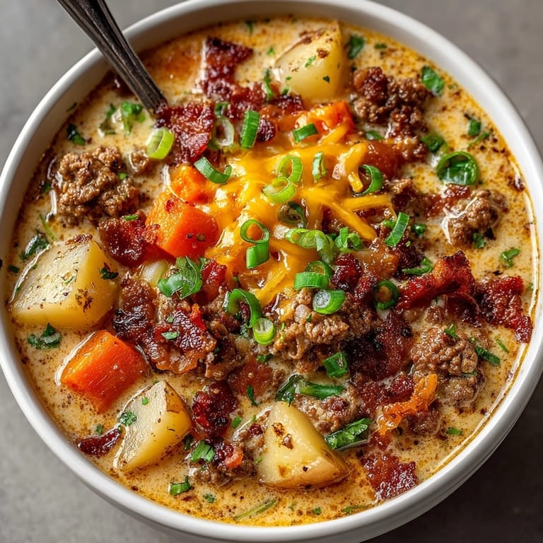 Hearty Bacon Cheeseburger Soup recipe; savor a spoonful of cheesy, meaty comfort food.