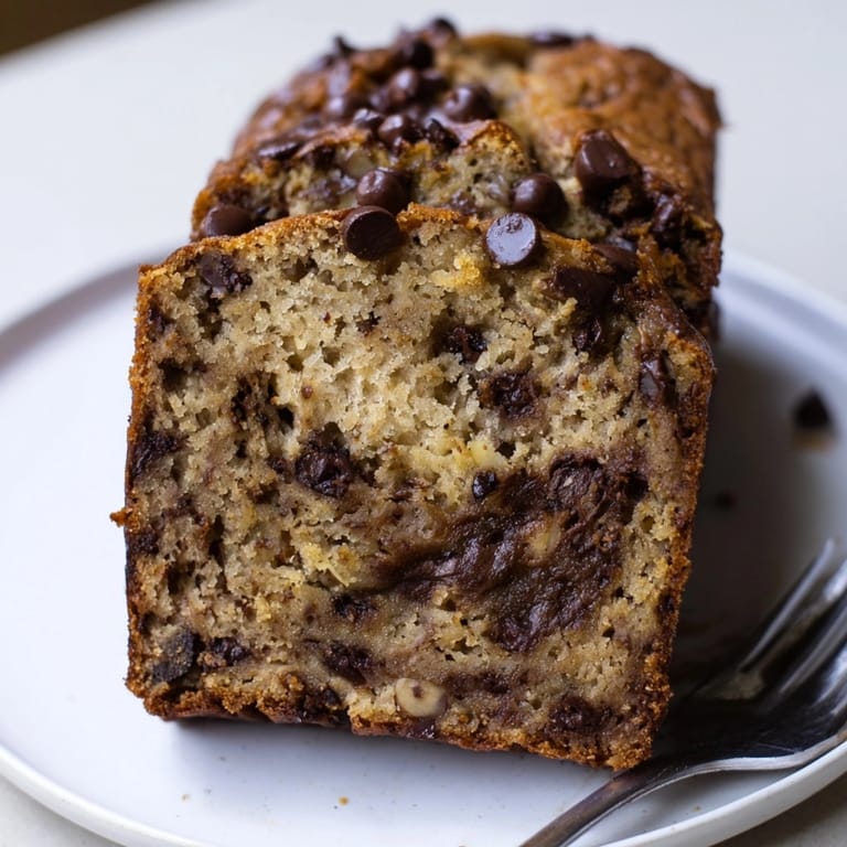 Top-down view of homemade Chocolate Chip Banana Bread batter in a greased loaf pan.