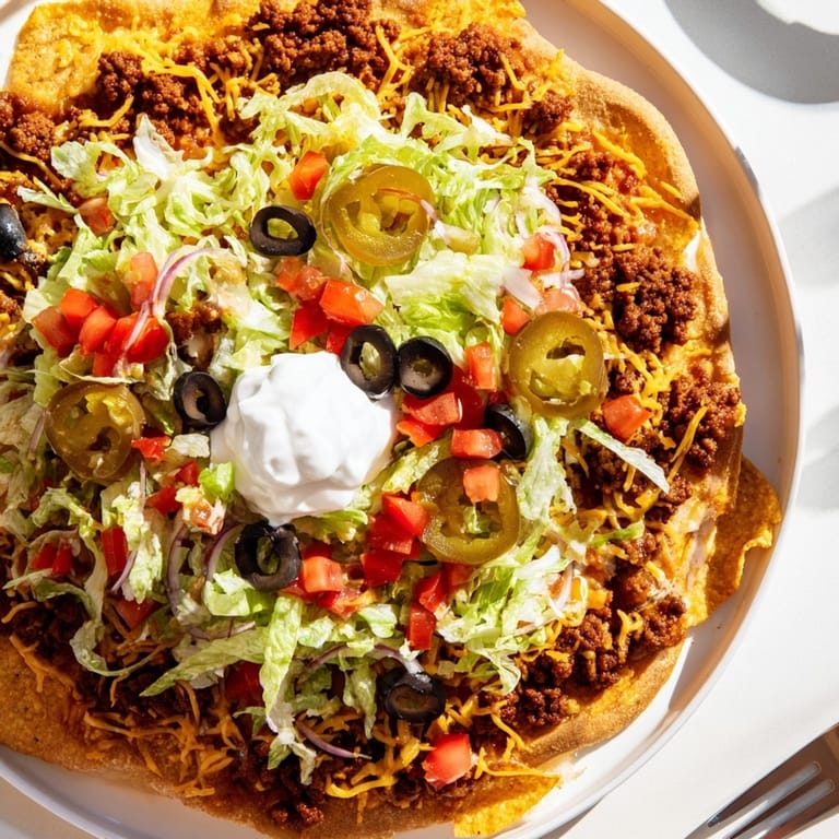 Golden, bubbly Taco Pizza with layers of seasoned beef, colorful veggies, and melted cheese.