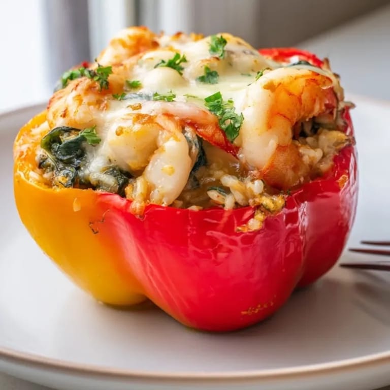 Close-up of creamy Shrimp Alfredo Stuffed Bell Peppers: a flavorful Italian-American dinner.