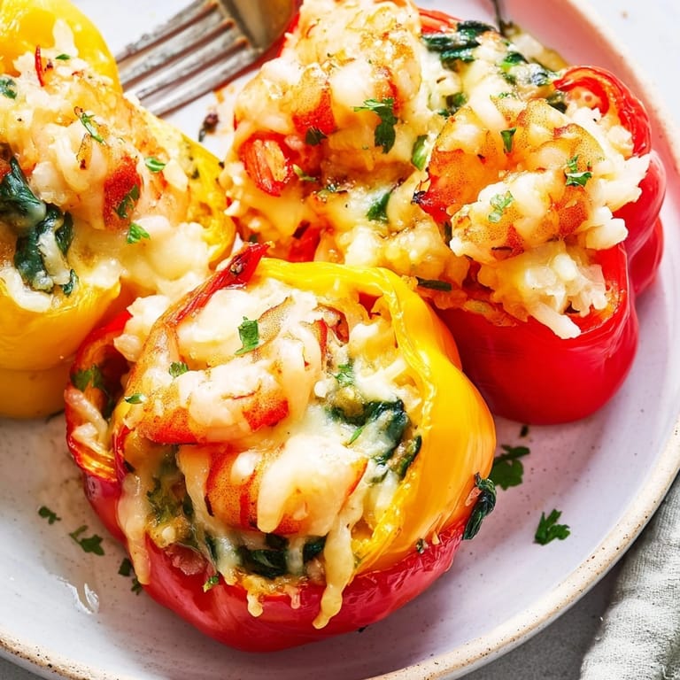 Golden mozzarella melts over vibrant Shrimp Alfredo Stuffed Bell Peppers, garnished with parsley.