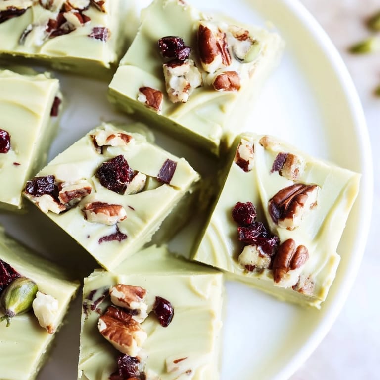 Deliciously smooth Matcha White Chocolate Thanksgiving Fudge garnished with vibrant cranberries and nuts.  