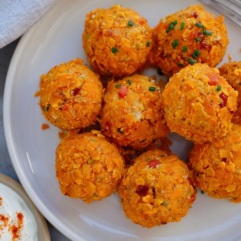 Golden Flamin Hot Spicy Pumpkin Biscuit Balls served with creamy chive dip for extra flavor.